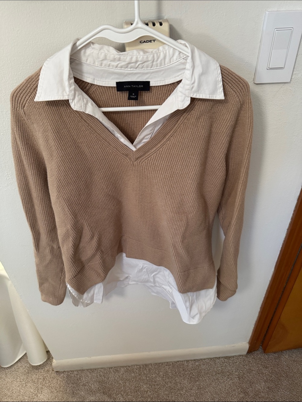 Ann Taylor Beige-Tan V-Neck Sweater with White Shirt Layer Detail